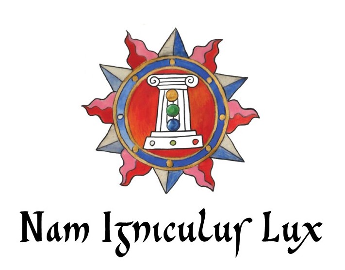 The emblem of the Royal University of the Midrealm, with the legend nam ignicular lux, loosely translated to "for the fiery light".